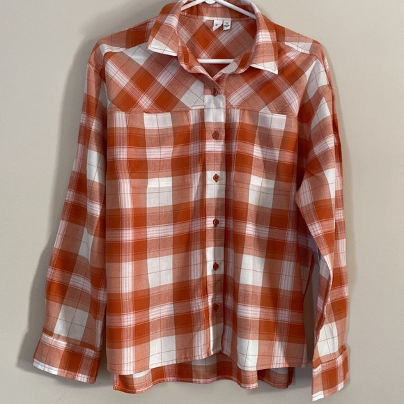 BP Women Orange Plaid Button Down Hi-Low Long Sleeve Shirt Size XS - Picture 2 of 12
